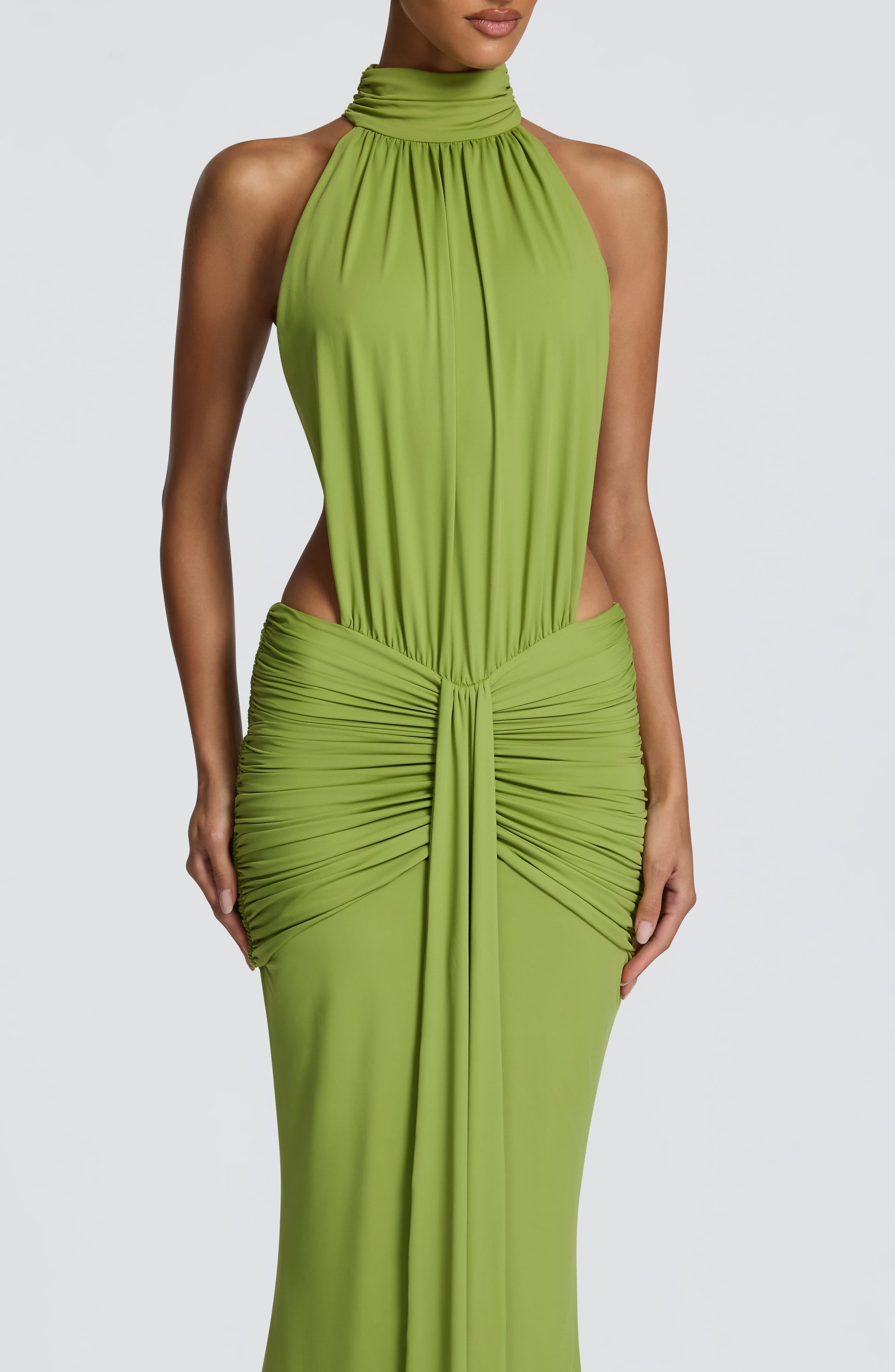 Women's Formal Ruched Halter Maxi Dress in Green