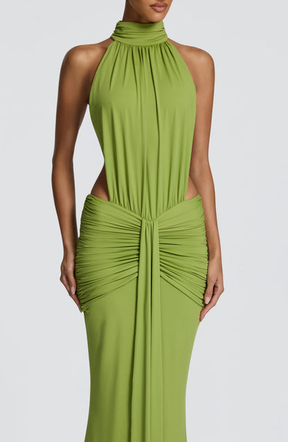 Women's Formal Ruched Halter Maxi Dress in Green