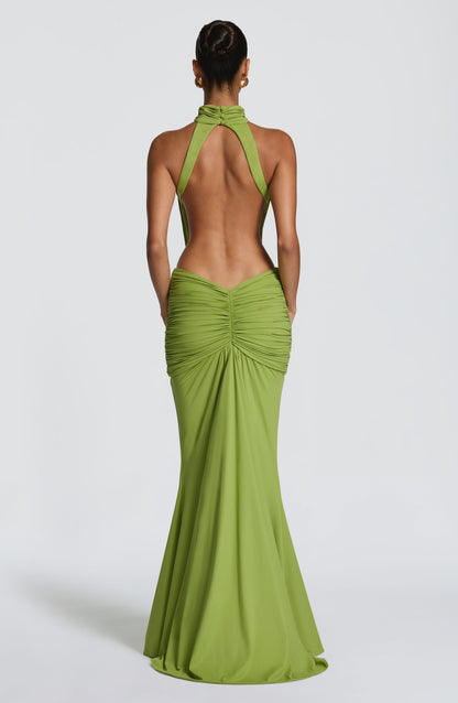 Women's Formal Ruched Halter Maxi Dress in Green