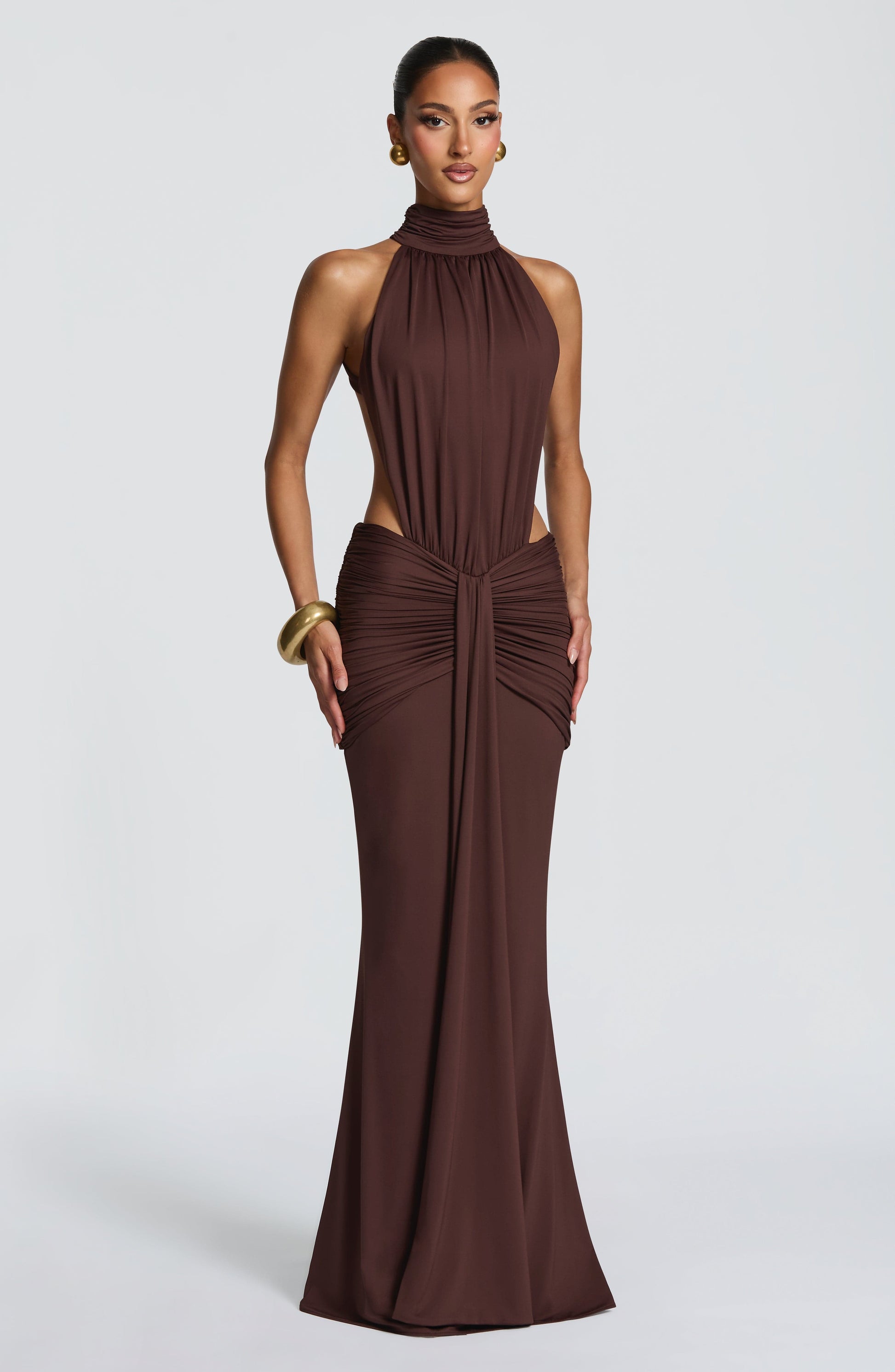 Women's Formal Ruched Halter Maxi Dress in Green