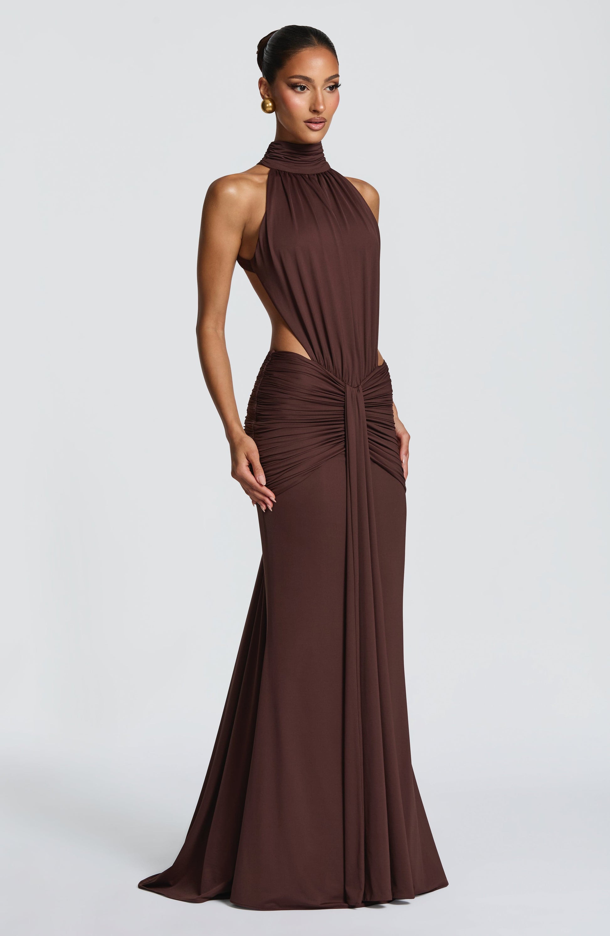 Women's Formal Ruched Halter Maxi Dress in Brown