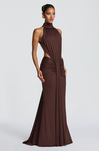 Women's Formal Ruched Halter Maxi Dress in Brown