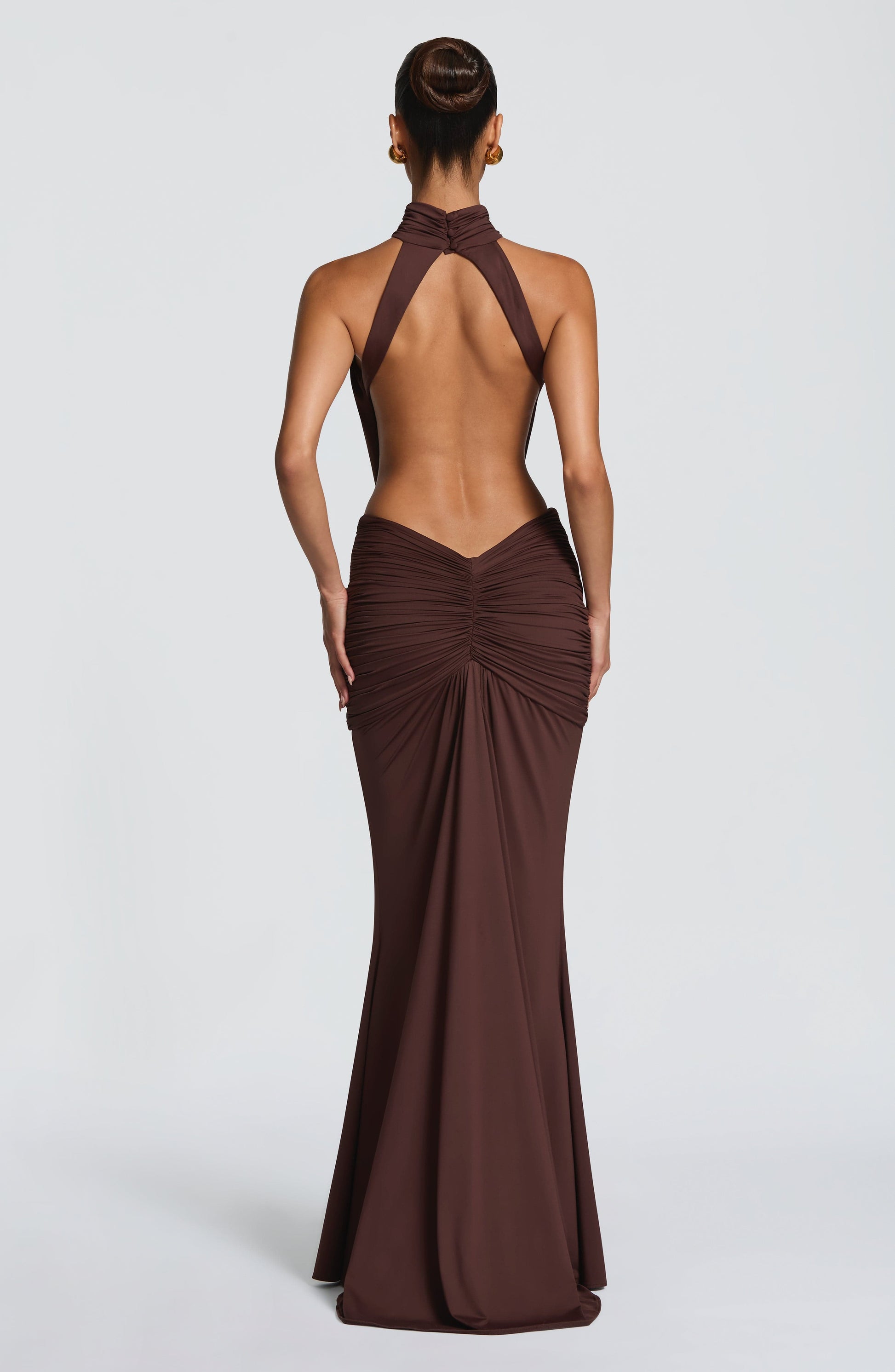Women's Formal Ruched Halter Maxi Dress in Brown