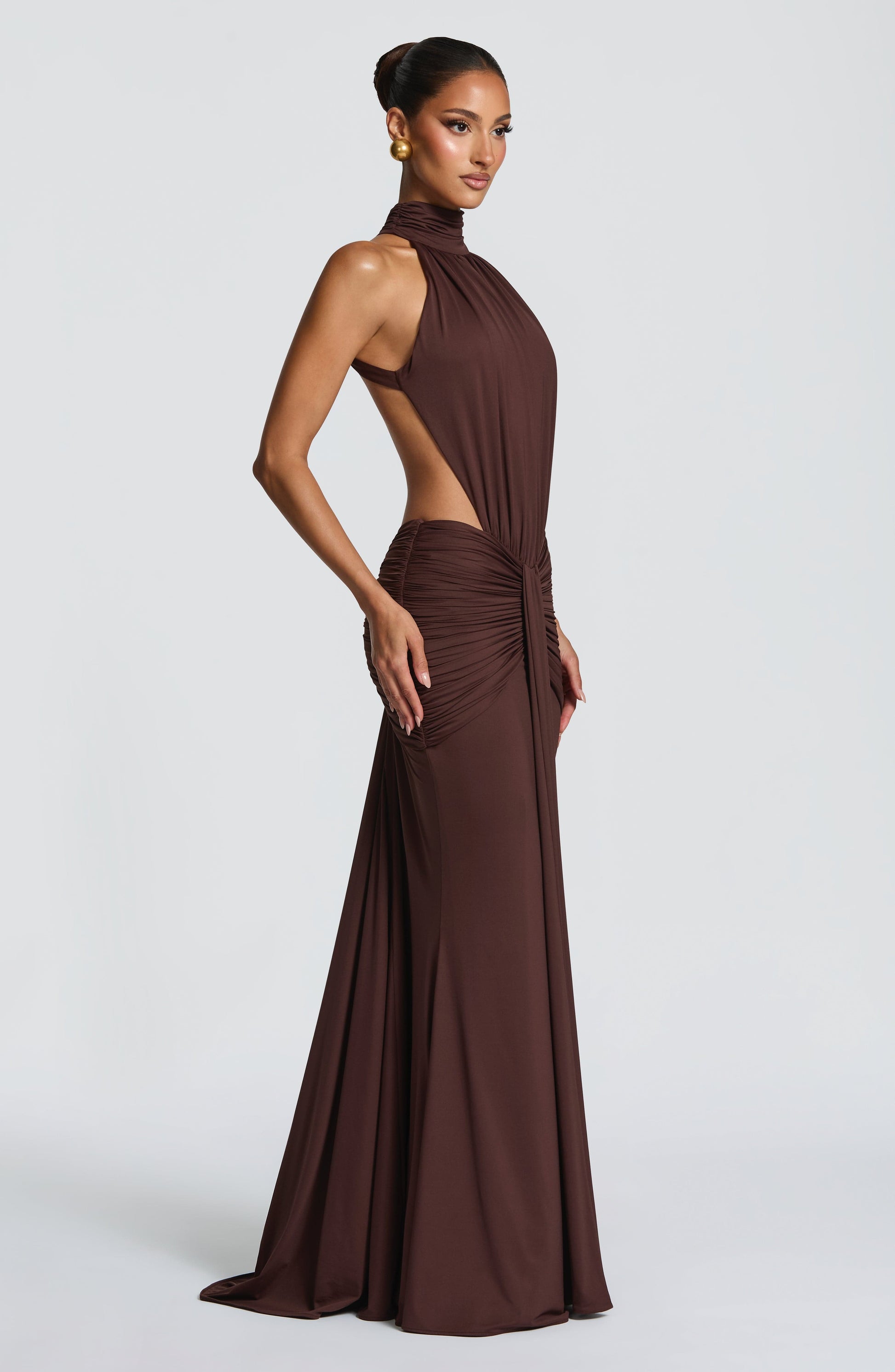 Women's Formal Ruched Halter Maxi Dress in Brown