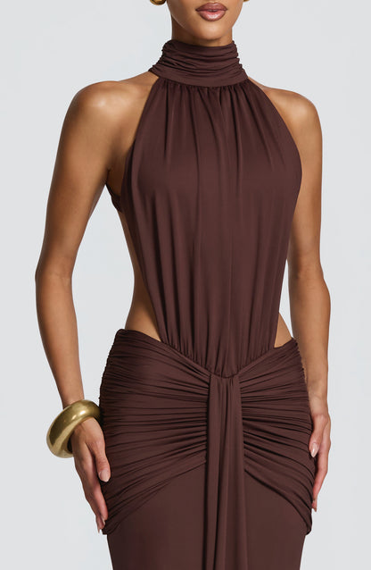 Women's Formal Ruched Halter Maxi Dress in Brown