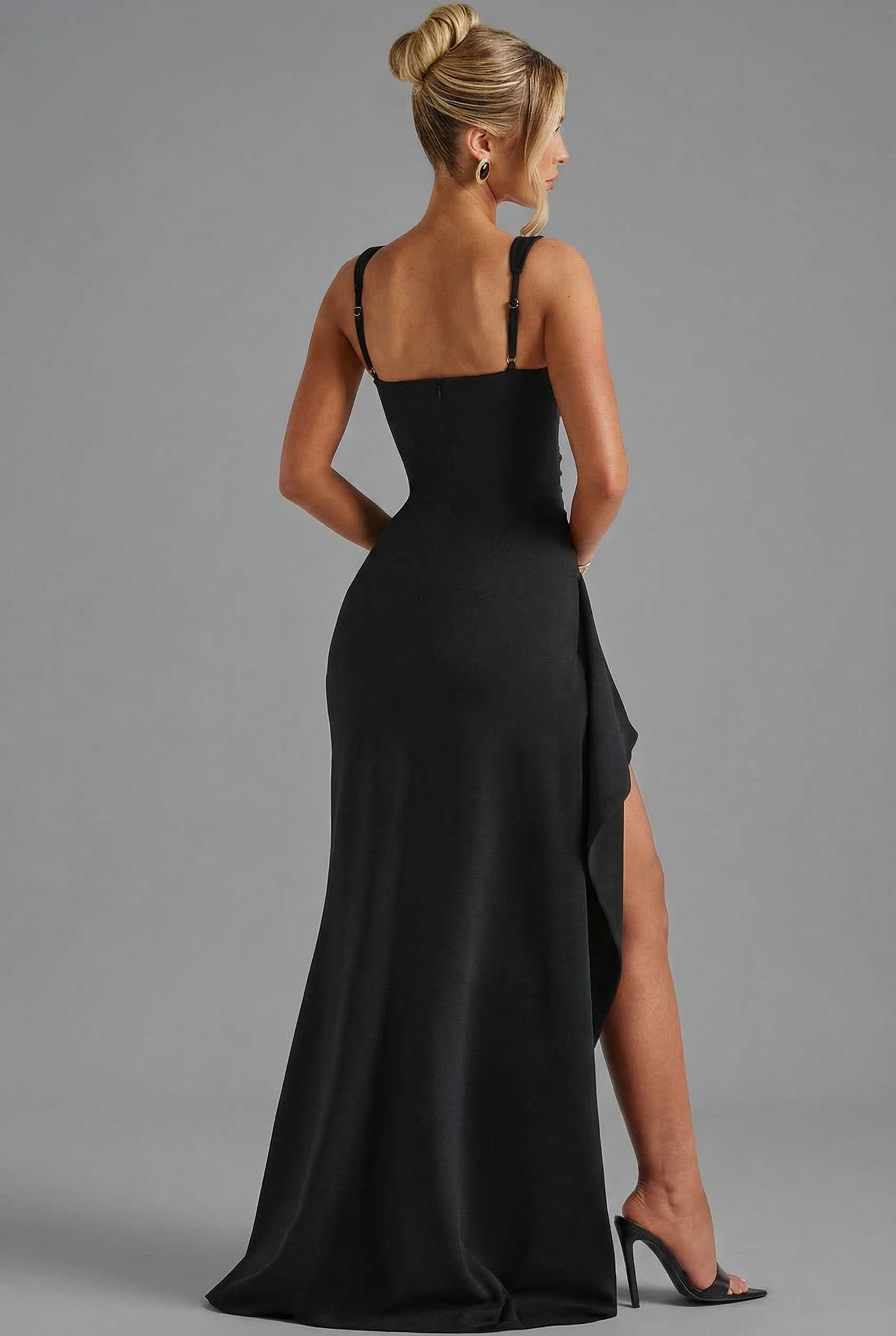 Women's Formal Square Neck Slit Maxi Dress in Black
