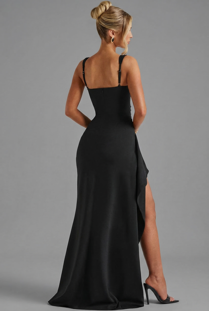 Women's Formal Square Neck Slit Maxi Dress in Black
