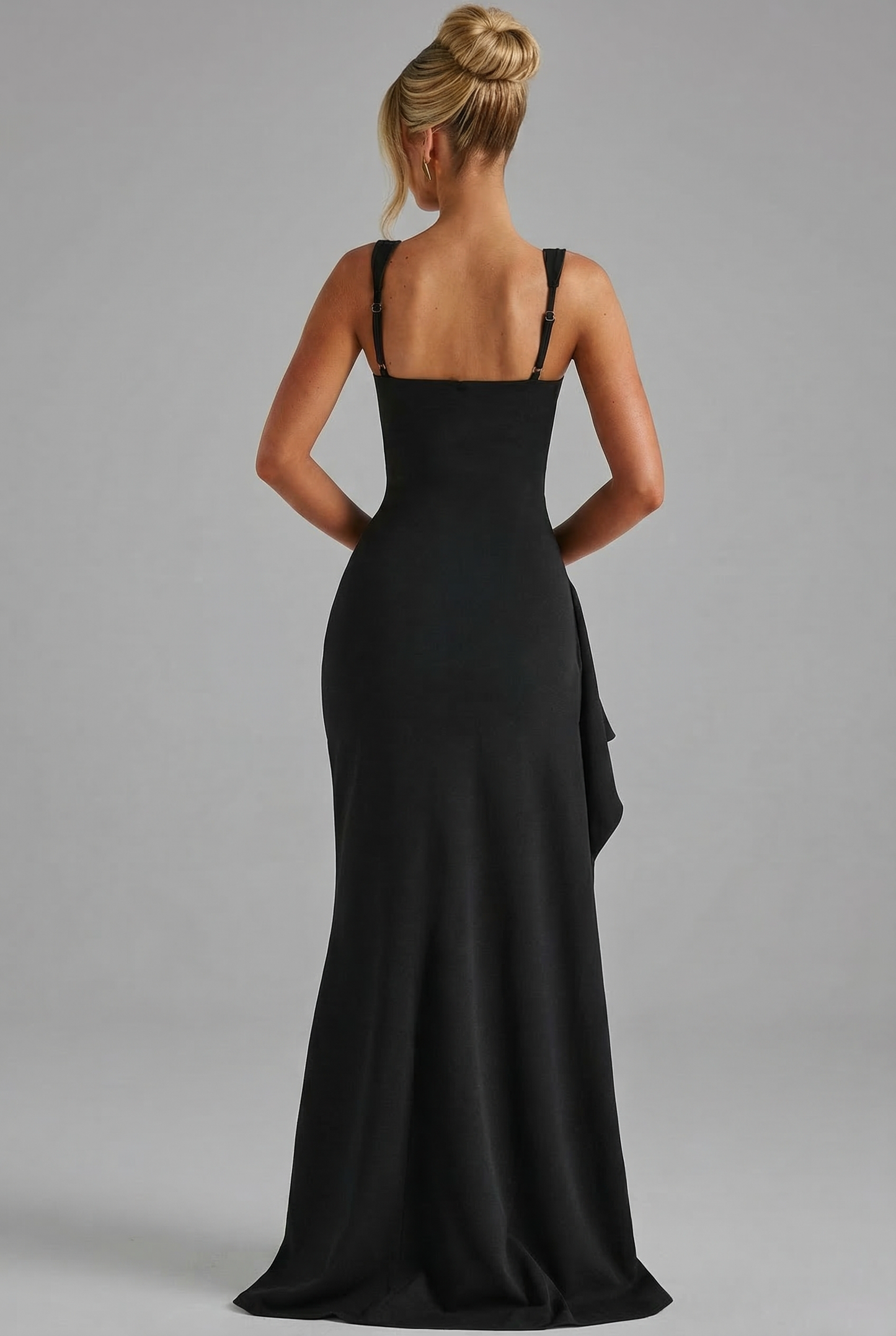 Women's Formal Square Neck Slit Maxi Dress in Black