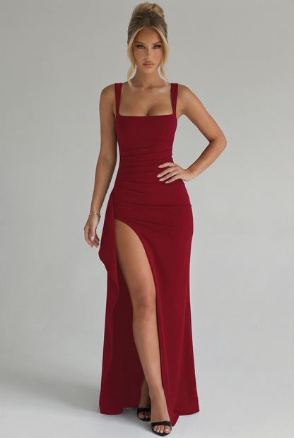 Women's Formal Square Neck Slit Maxi Dress in Black