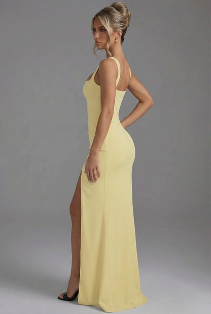 Women's Formal Square Neck Slit Maxi Dress in Red