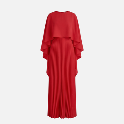 Women's Formal Cape Overlay Pleated Maxi Dress in Red