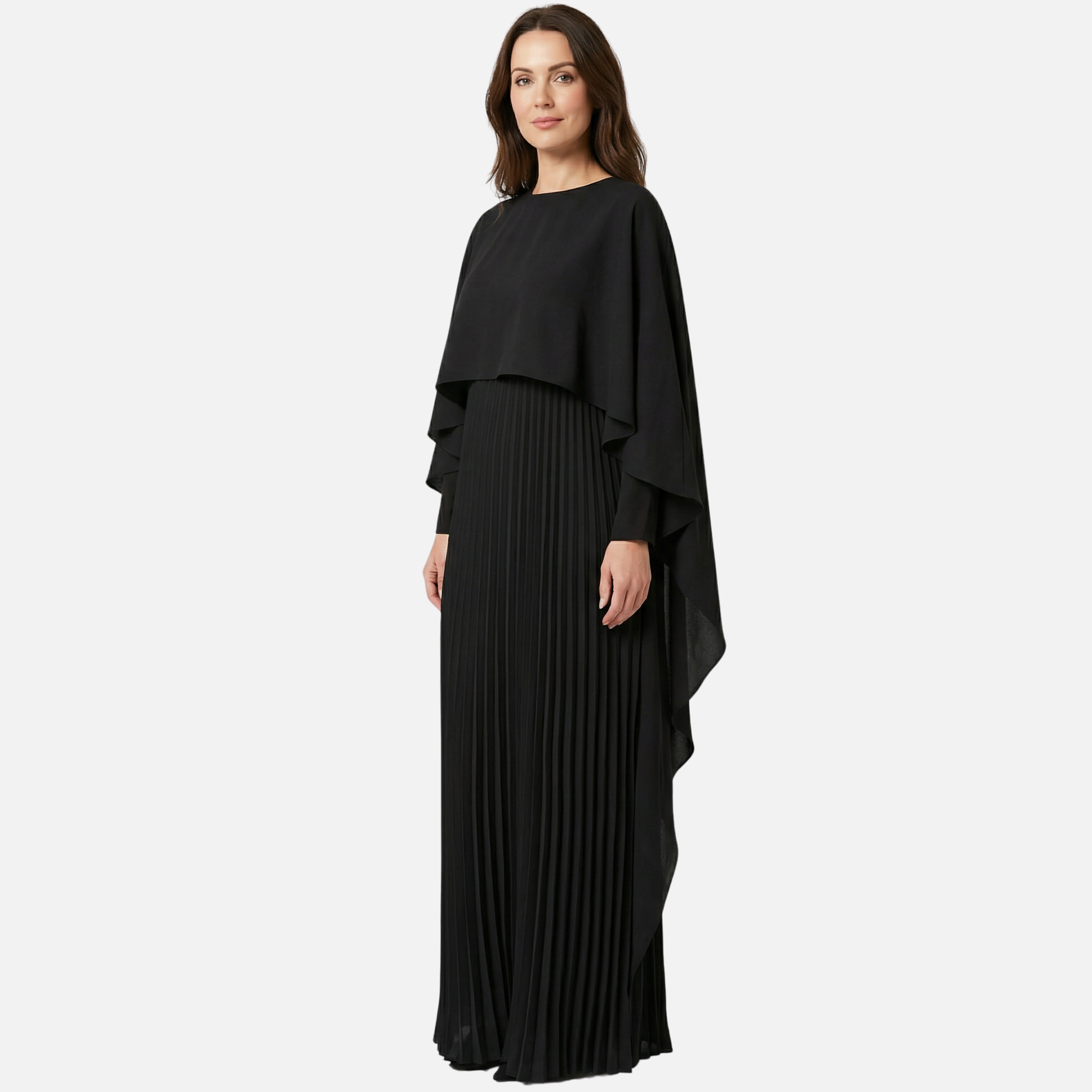 Women's Formal Cape Overlay Pleated Maxi Dress in Beige