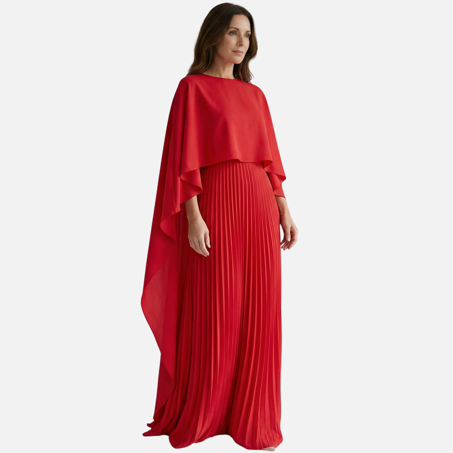 Women's Formal Cape Overlay Pleated Maxi Dress in Beige