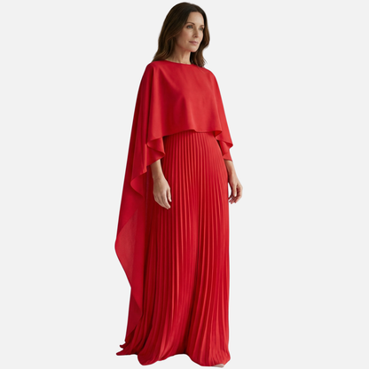 Women's Formal Cape Overlay Pleated Maxi Dress in Beige