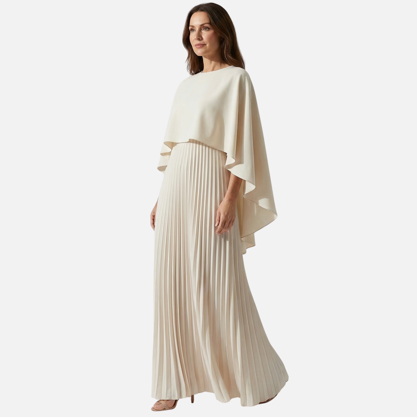 Women's Formal Cape Overlay Pleated Maxi Dress in Beige