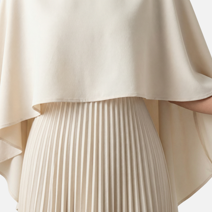 Women's Formal Cape Overlay Pleated Maxi Dress in Beige