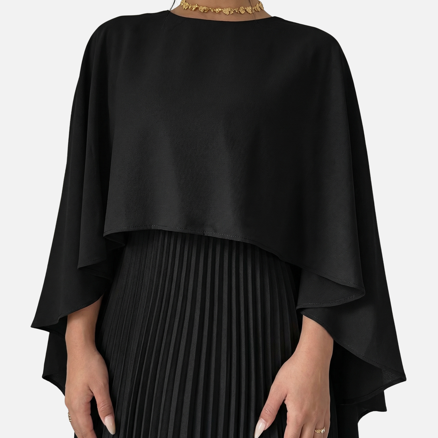 Women's Formal Cape Overlay Pleated Maxi Dress in Black