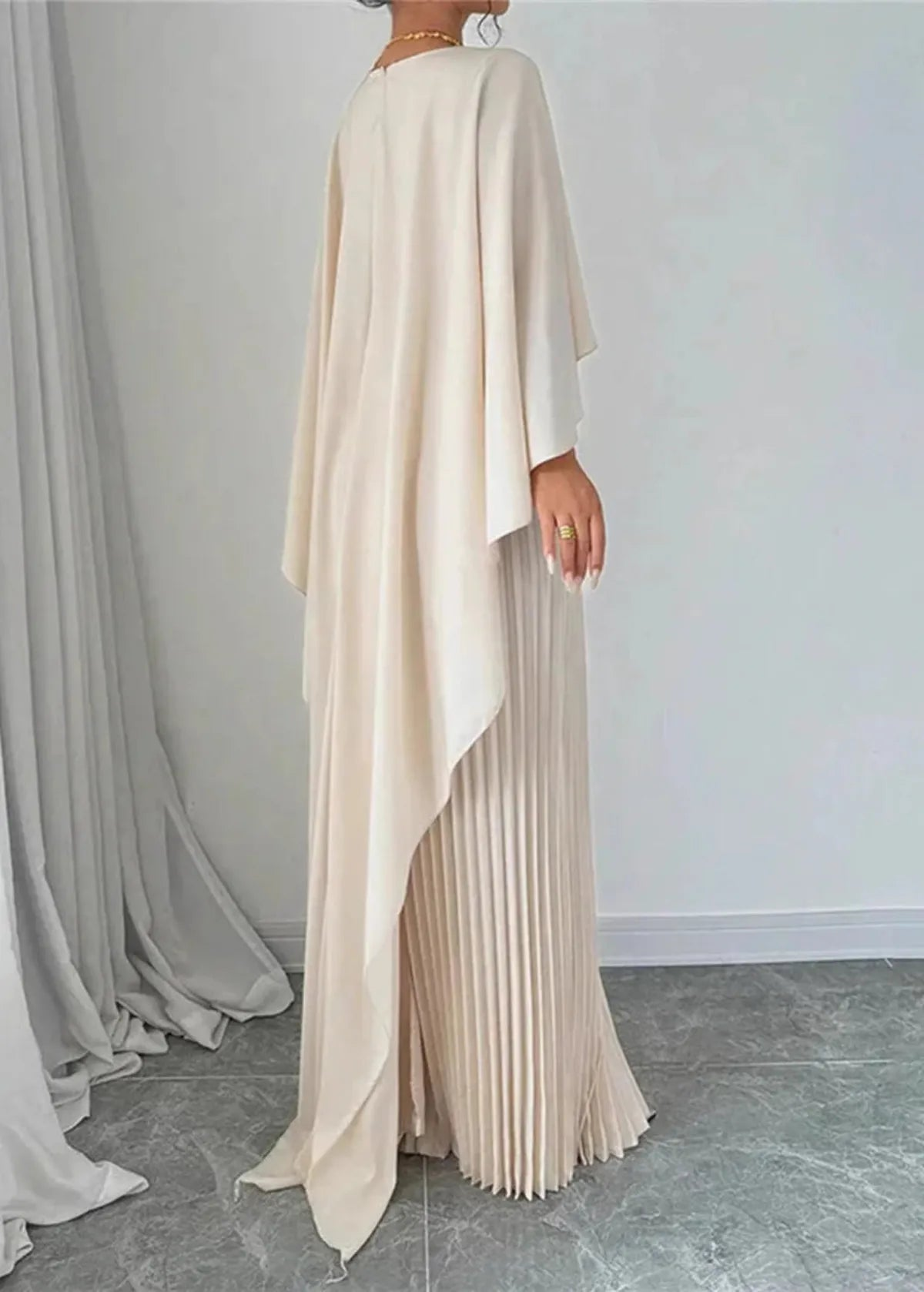 Women's Formal Cape Overlay Pleated Maxi Dress in Black