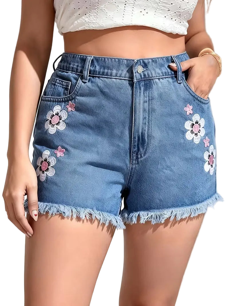 Women’s High-Waist Shorts with Floral Embroidery