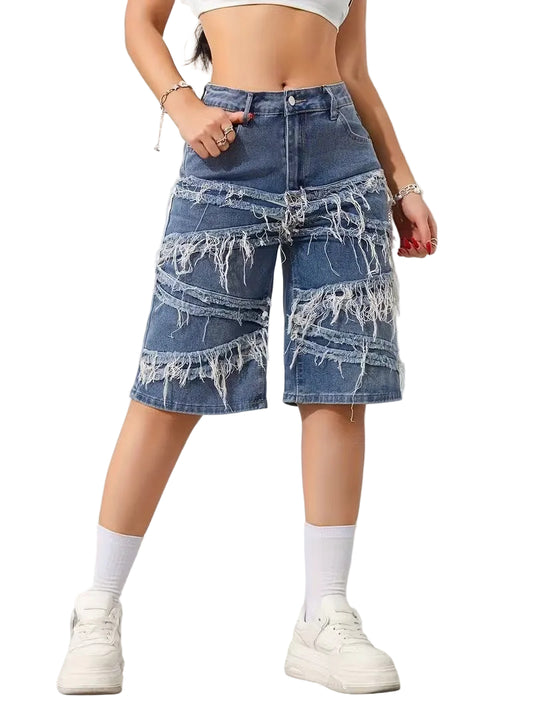 Women’s Knee-Length Shorts with Frayed Panels