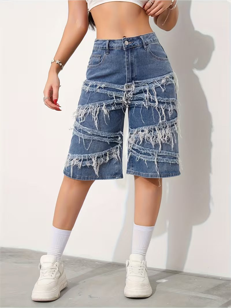 Women’s Knee-Length Shorts with Frayed Panels