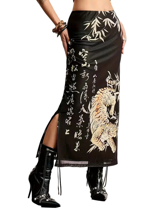 Women’s Maxi Skirt with Tiger and Bamboo Print