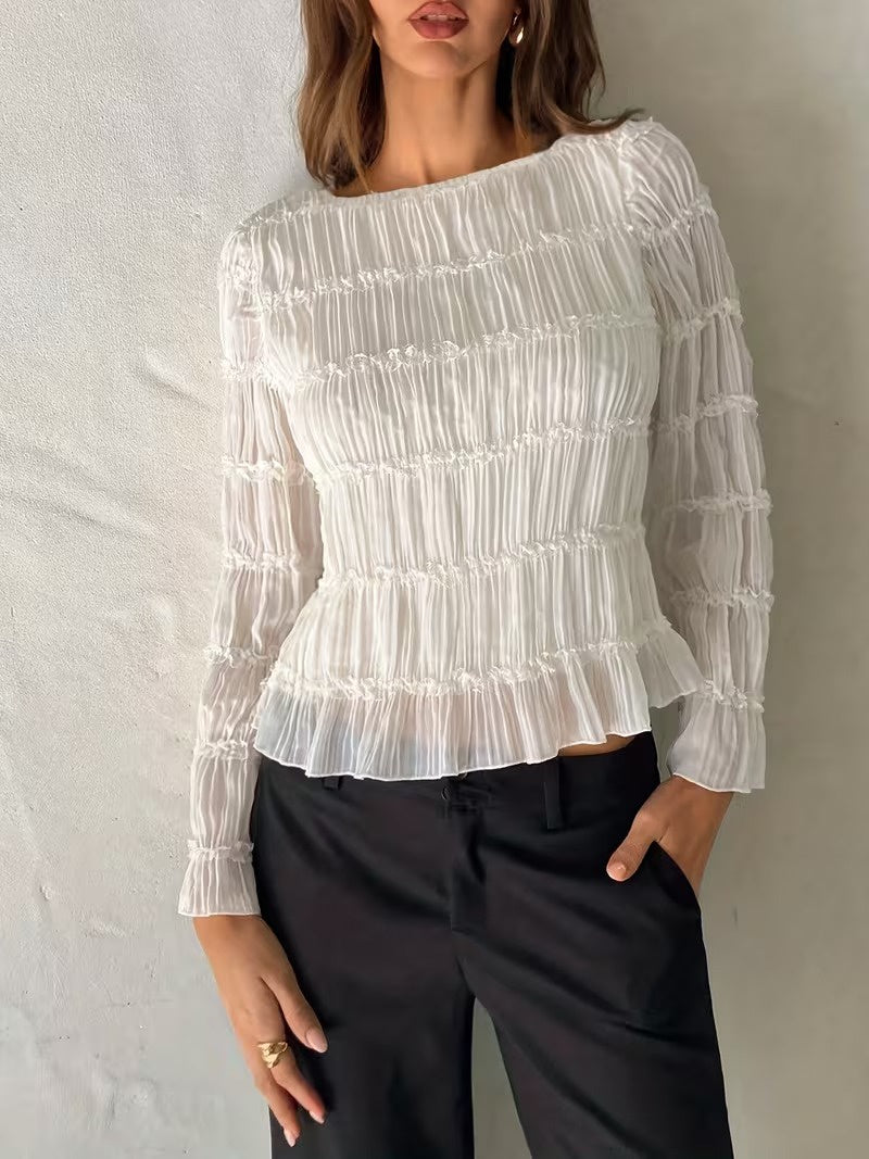 Women’s Pleated Top with Ruffled Trim