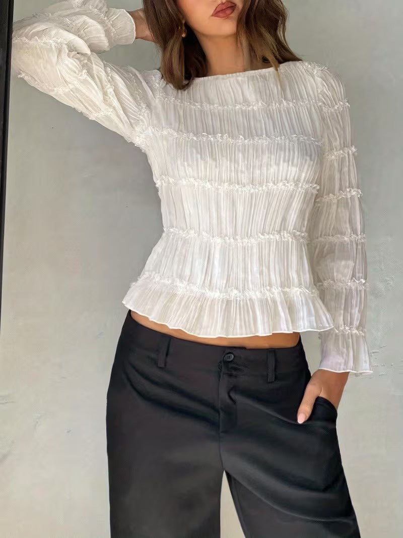 Women’s Pleated Top with Ruffled Trim