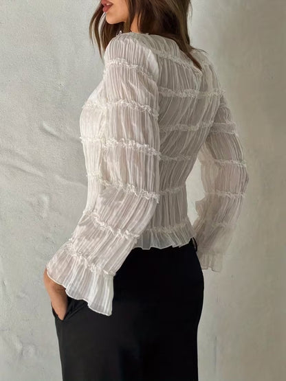 Women’s Pleated Top with Ruffled Trim