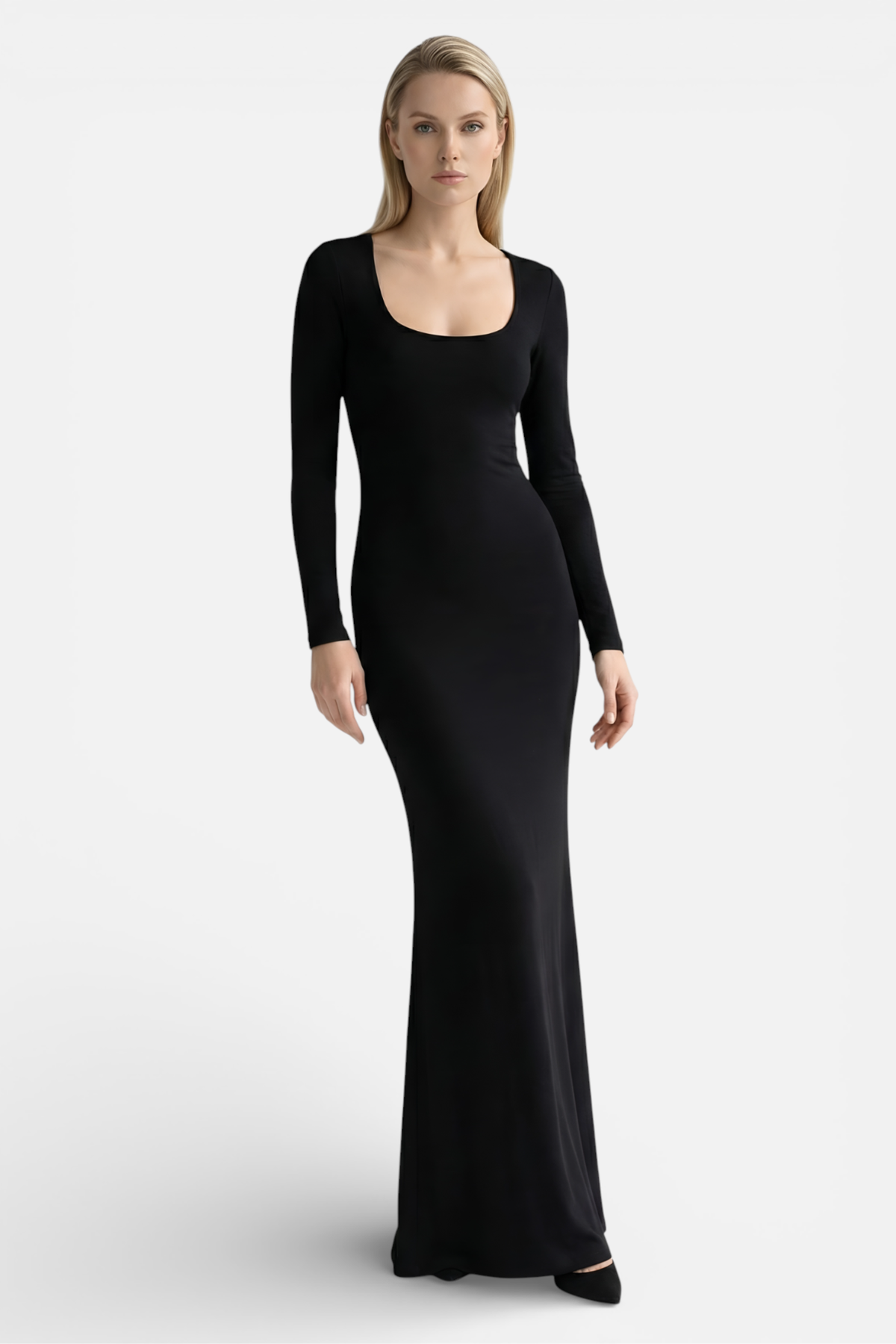 Women's Formal Square Neck Long Sleeve Maxi Dress in Black