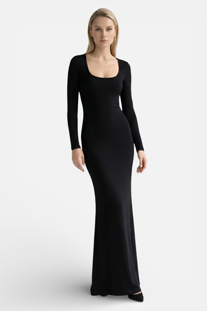 Women's Formal Square Neck Long Sleeve Maxi Dress in Black