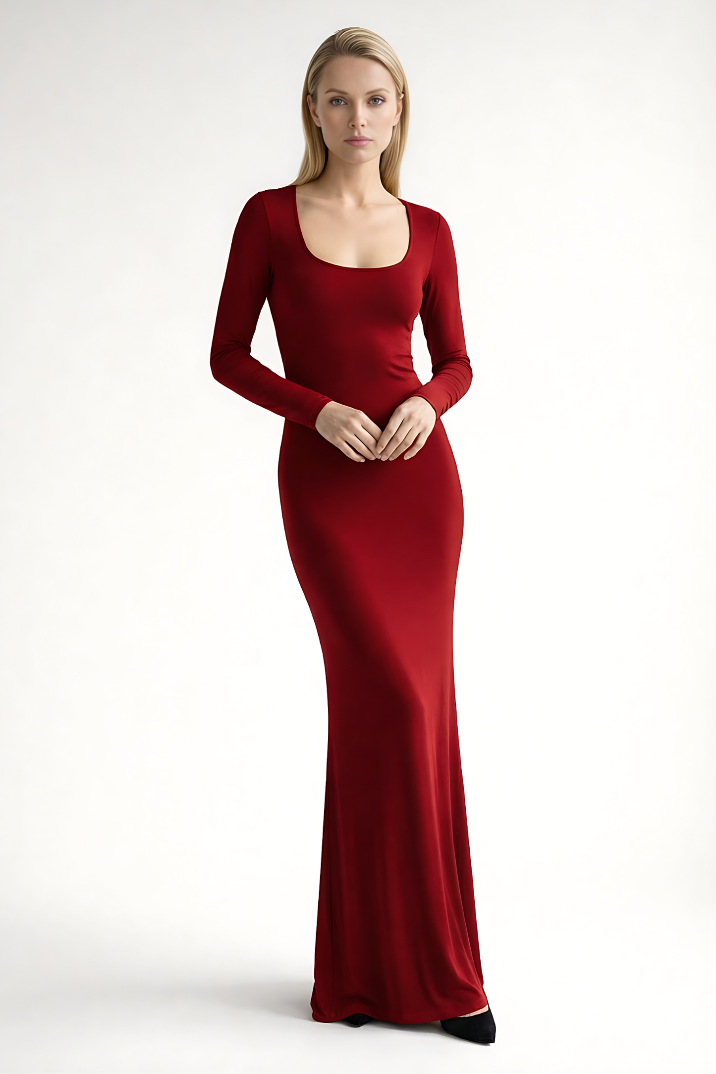 Women's Formal Square Neck Long Sleeve Maxi Dress in Red