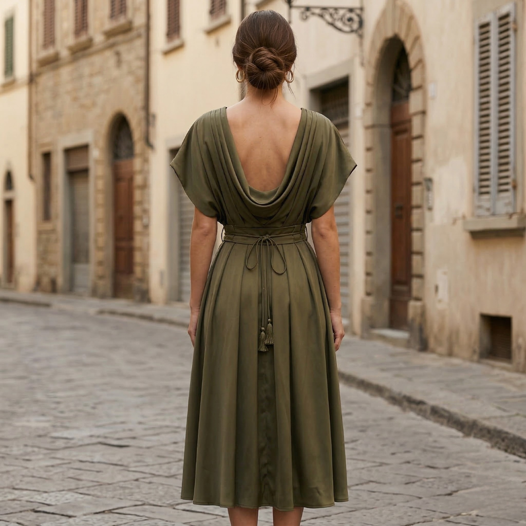 Women's Summer Deep V Neck Tie Waist Midi Dress in Green