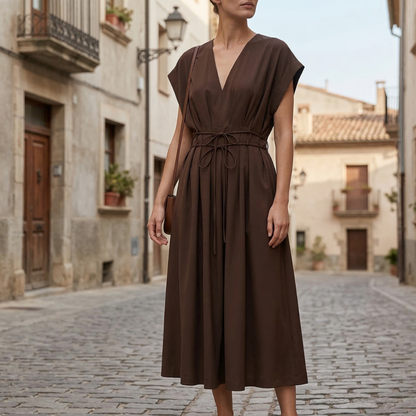 Women's Summer Deep V Neck Tie Waist Midi Dress in Green