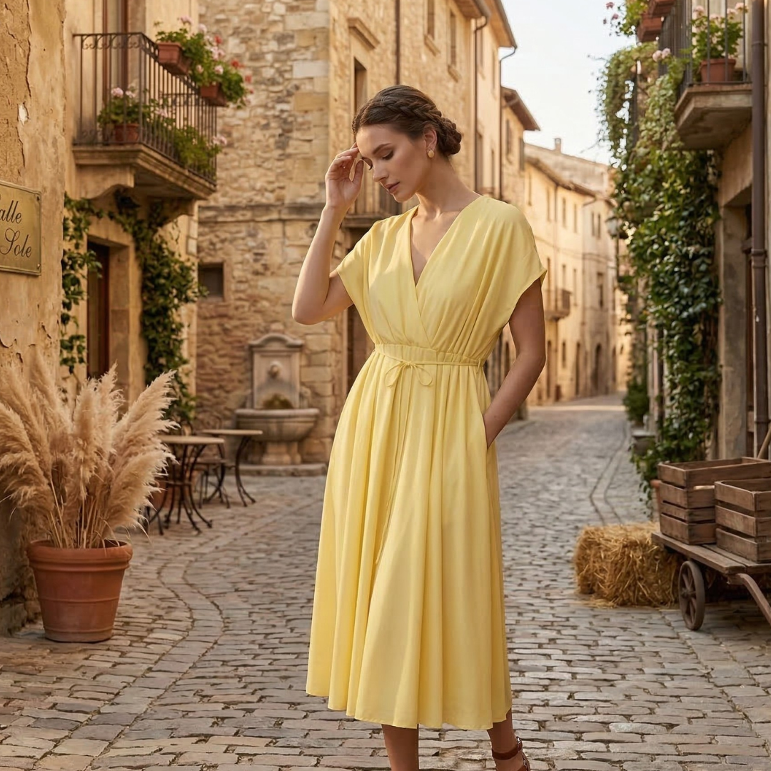 Women's Summer Deep V Neck Tie Waist Midi Dress in Green