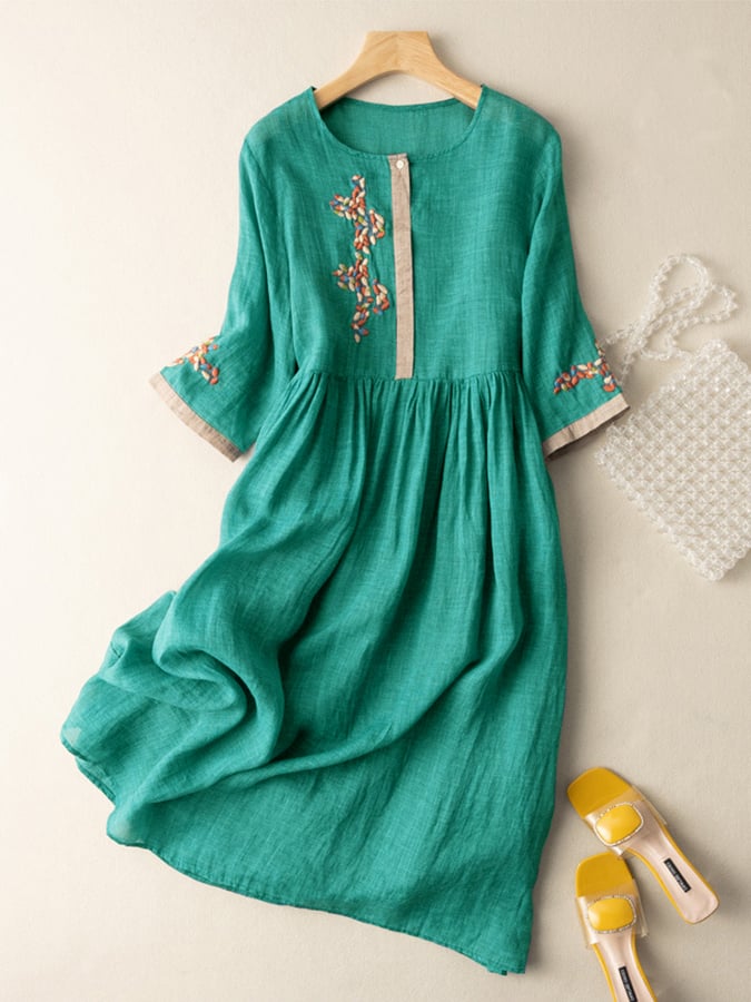 Women's Summer Embroidered Midi Dress in Blue