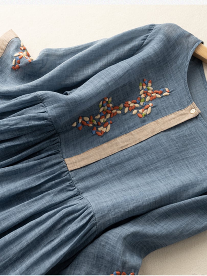 Women's Summer Embroidered Midi Dress in Blue