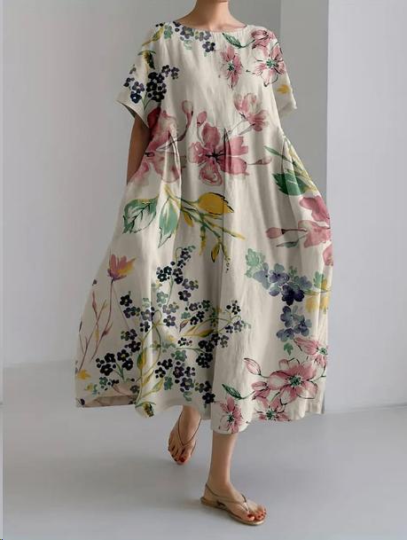 Women's Garden Party Floral Midi Dress in Cream