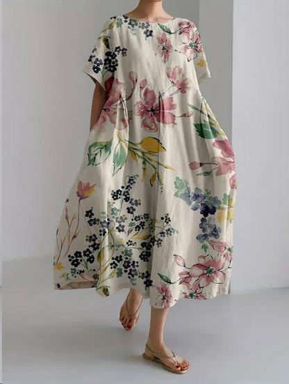 Women's Garden Party Floral Midi Dress in Cream