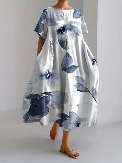 Women's Garden Party Floral Midi Dress in Blue