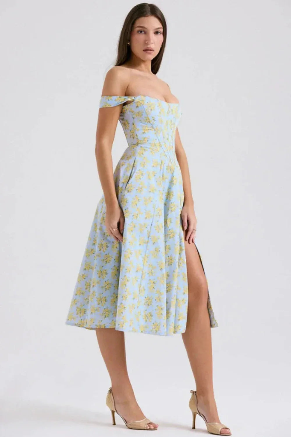 Women's Off Shoulder Floral Midi Dress with Pockets in Light Blue