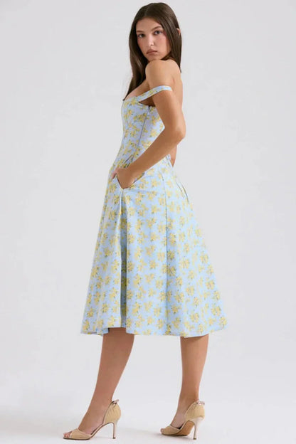 Women's Off Shoulder Floral Midi Dress with Pockets in Light Blue