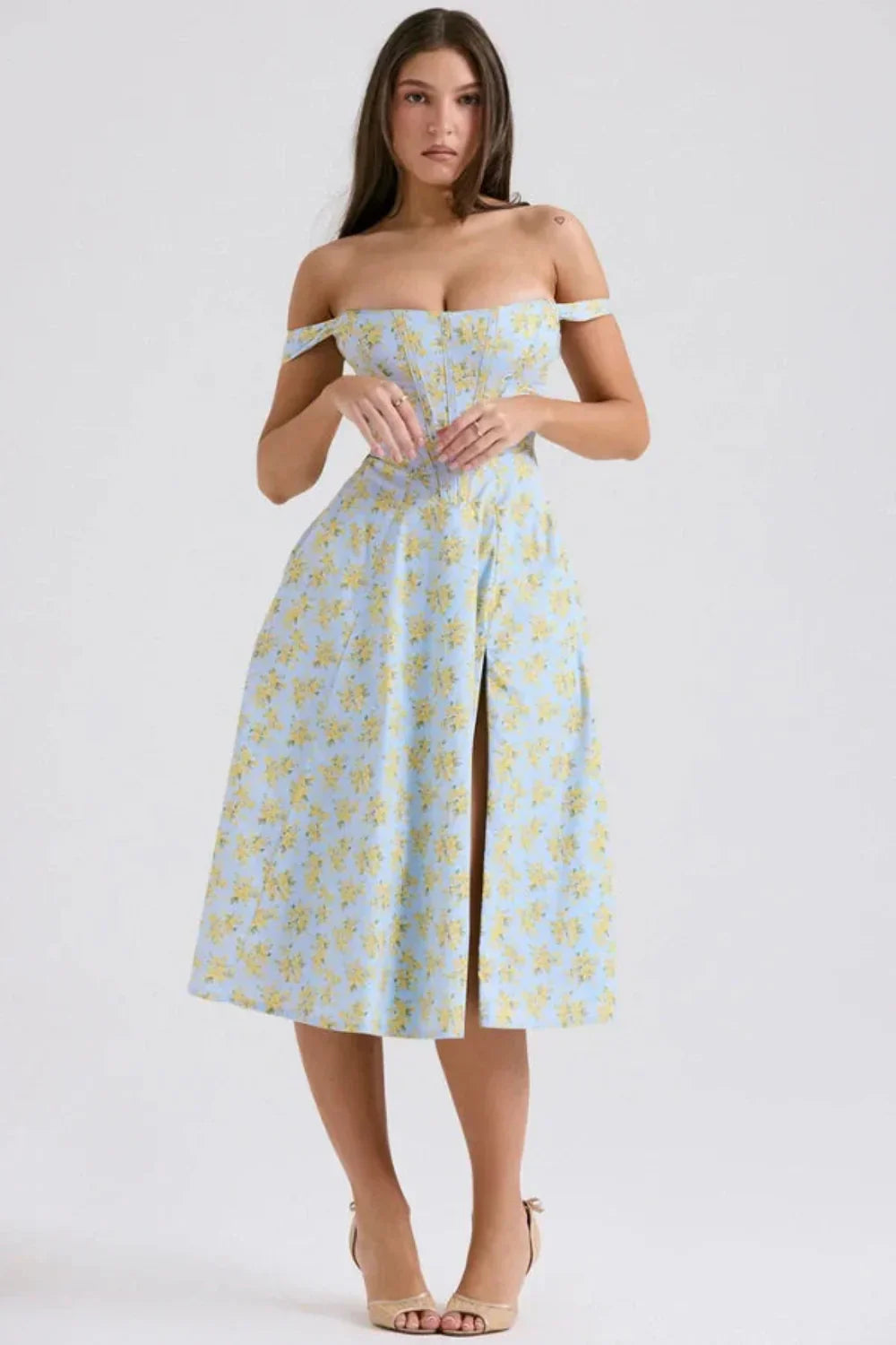Women's Off Shoulder Floral Midi Dress with Pockets in Light Blue