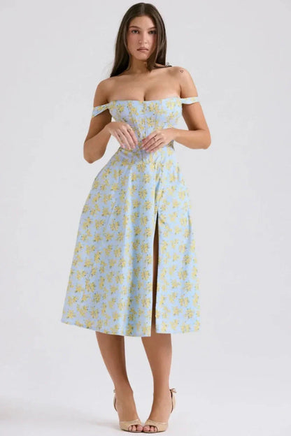 Women's Off Shoulder Floral Midi Dress with Pockets in Light Blue