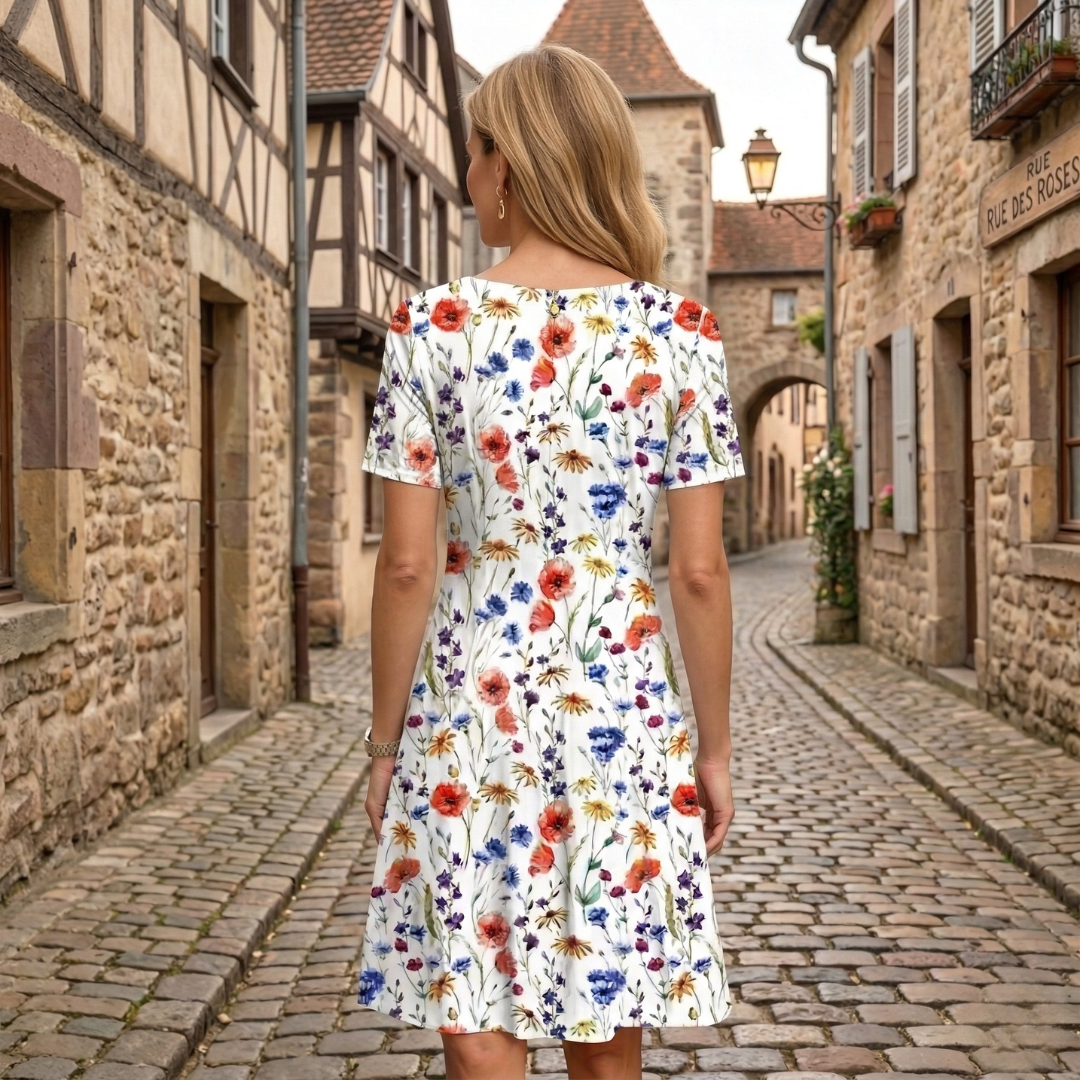 Women's Floral Scoop Neck Midi Dress with Pockets in White