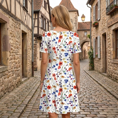 Women's Floral Scoop Neck Midi Dress with Pockets in White