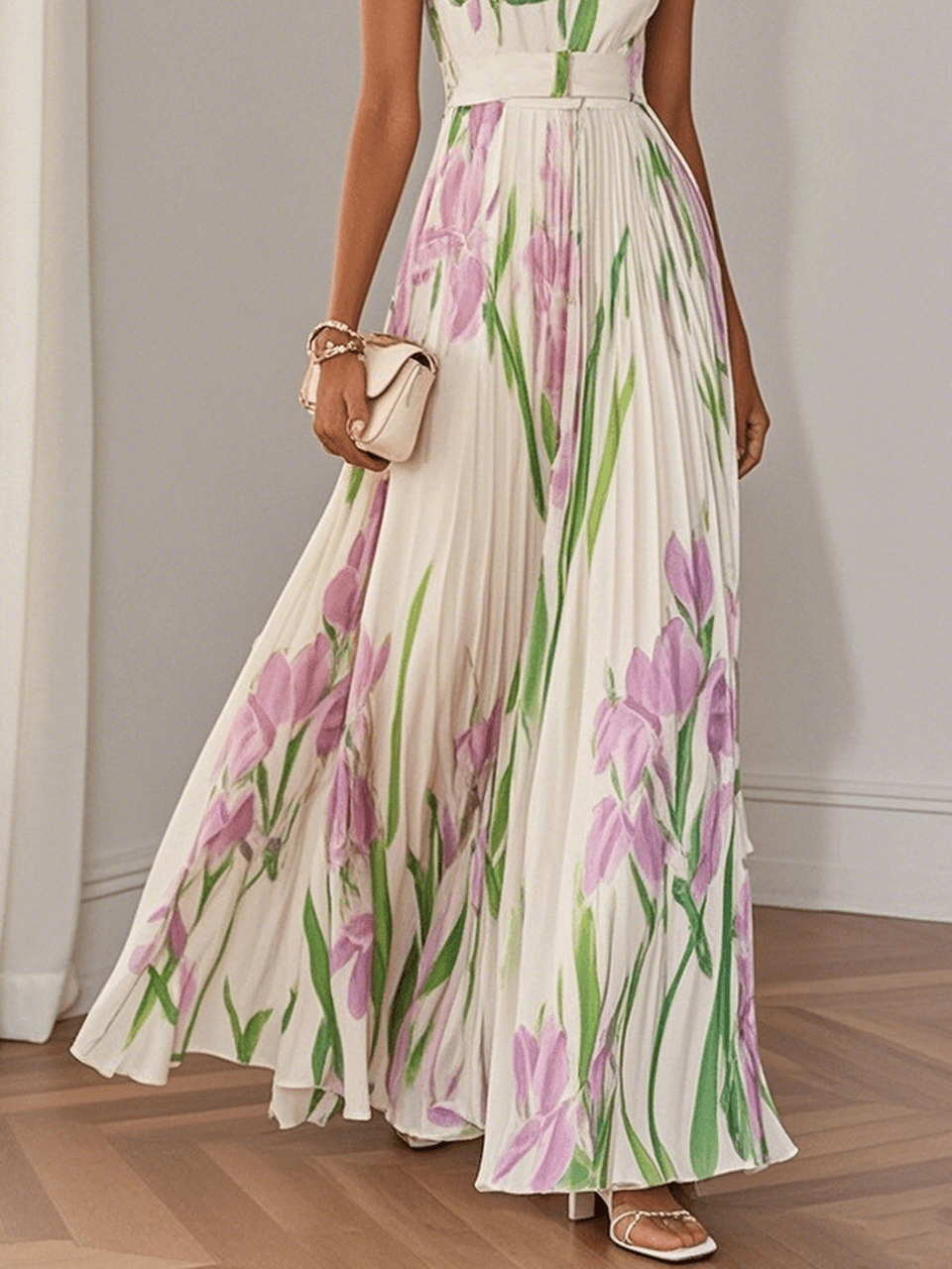 Women's Garden Party Floral Sleeveless Maxi Dress in White