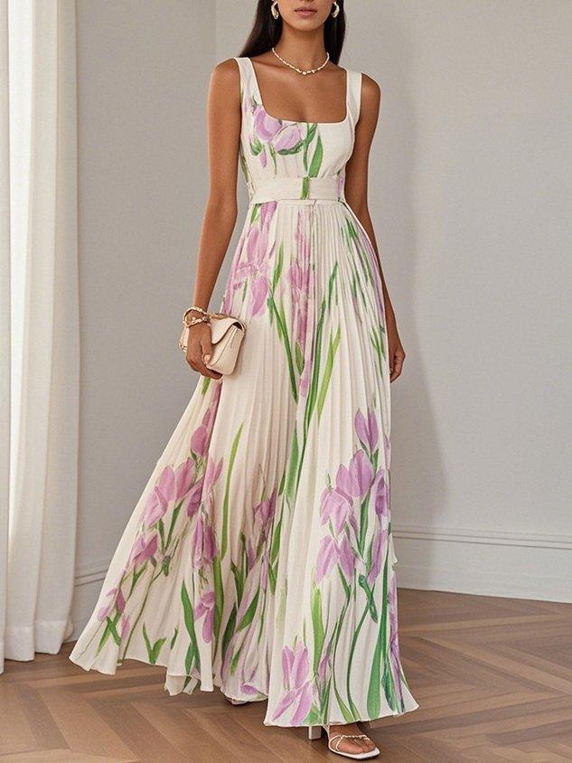 Women's Garden Party Floral Sleeveless Maxi Dress in White