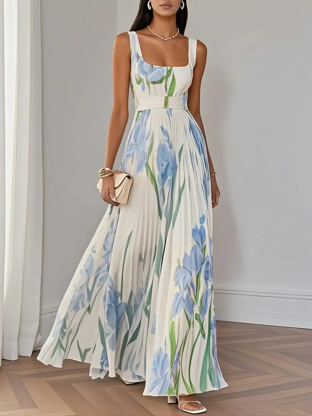 Women's Garden Party Floral Sleeveless Maxi Dress in White