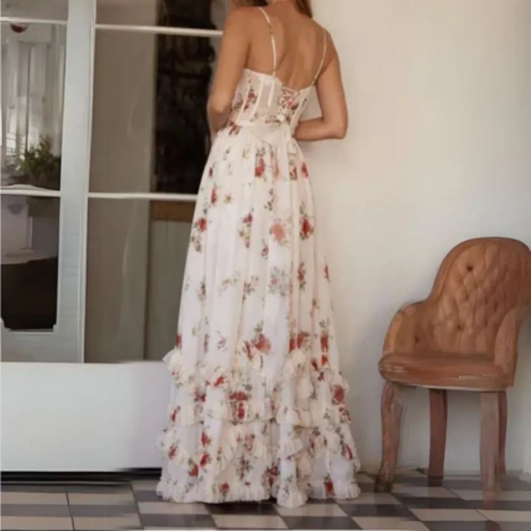 Women's Garden Party Floral Spaghetti Strap Maxi Dress in White